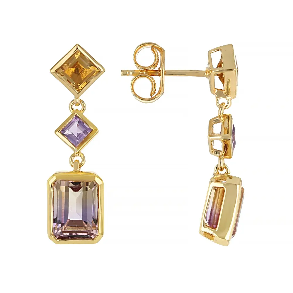 JTV Bi-Color Ametrine with Citrine and Amethyst 18K Yellow Gold Over Sterling Silver Earrings 3.70ctw