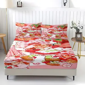 Strawberry Shortcake Non Fading Fitted Sheet,Including 1 Bed Sheet and 2 Pillowcases,Anti Slip Dust Cover Suitable for Children,Teenagers and Adults' Bedroom Bedding Set,Bed Sheet Sets,Suitable for Personal Use or as a Gift for Others