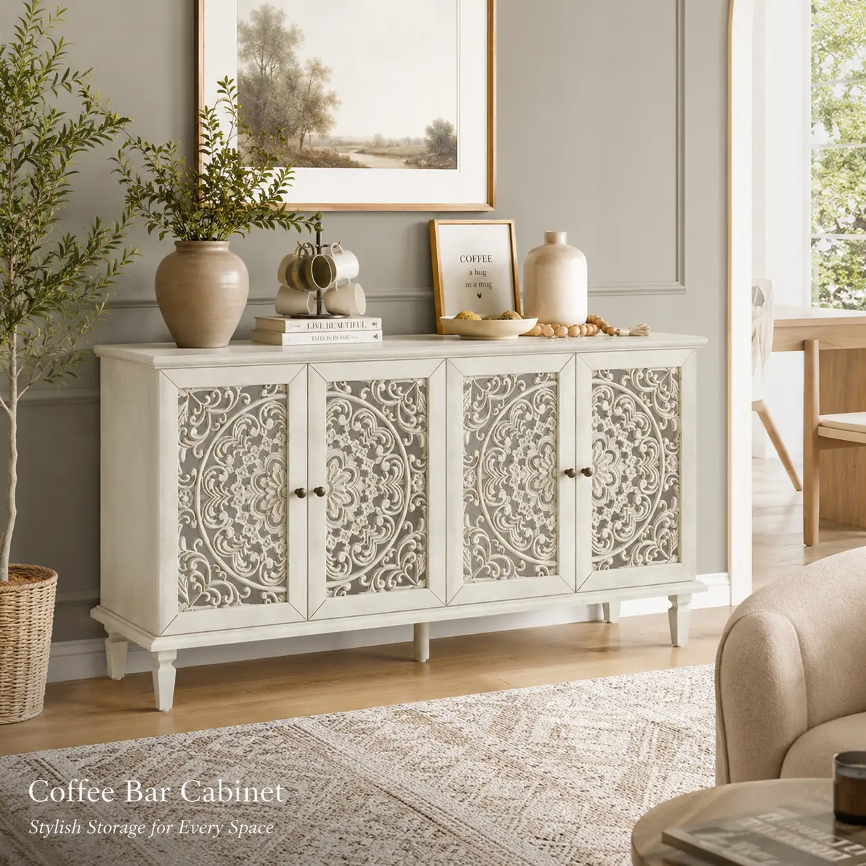 Vintage Carved 60-in Antique Buffet Cabinet with Floral Detailing, Solid Wood Legs, Brass Handles, Adjustable Shelves - 65-in TV Stand for Living Room Indoor Cupboard Furniture