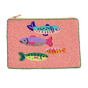 Pink Fish Beaded Zip Pouch