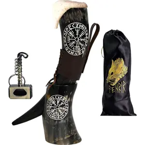 Viking Drinking Horn With Stand 16 oz – Gifts for Men, Dad, Husband – Natural Ox Horn Cup with Thor Bottle Opener & Leather Holster – For Beer, Ale, Mead (Compass Natural Polished)