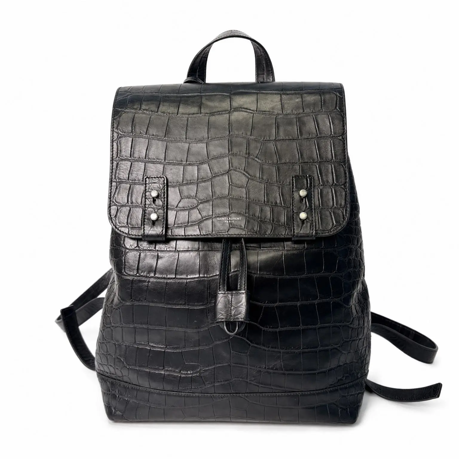 Pre-owned Yves Saint Laurent X Backpacks Calfskin Crocodile Embossed Sac De Jour Backpack Black