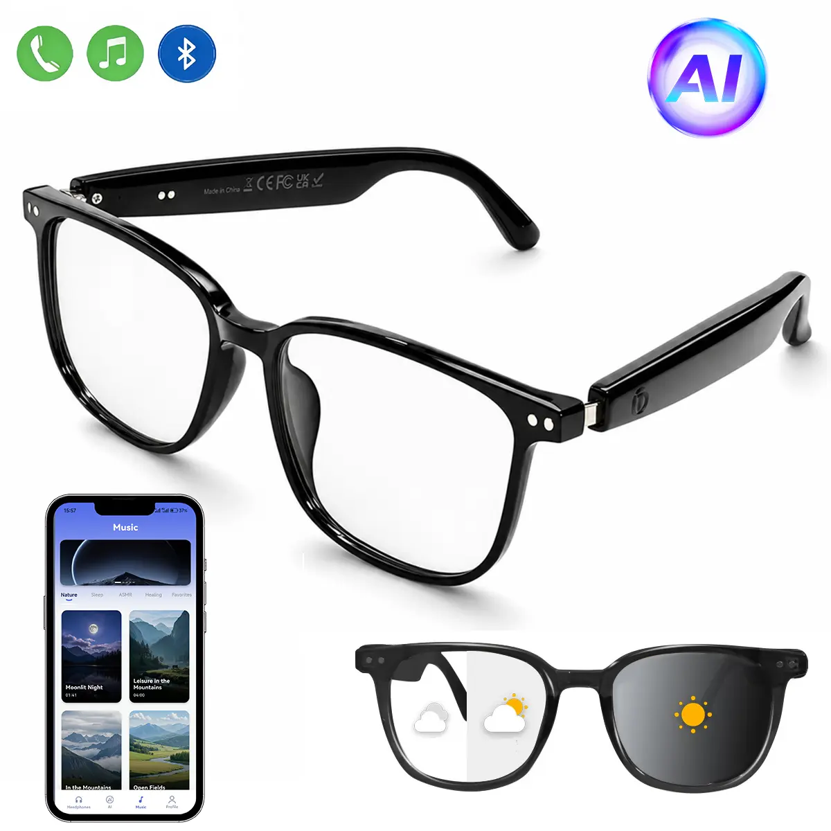 Smart Auto Color Changing Polarized Glasses, AI Voice Assistant Bluetooth Glasses with Built-in Speaker & Microphone, Blue Light Blocking, Hands-Free Call, Music Playback & Remote Photography, IPX5 Waterproof, 6H Long Battery Life for Outdoor Daily Use