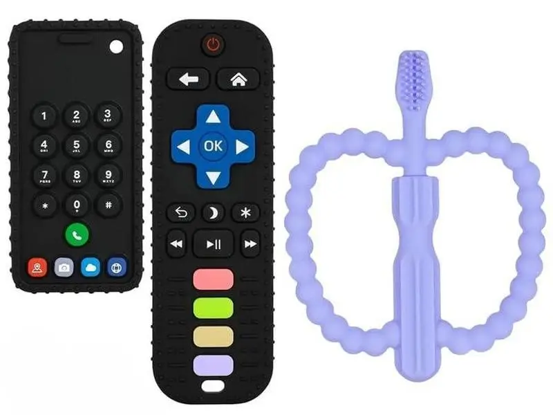 Silicone Baby Teething Toys, 2, 3 Pack Remote Control Teether Toys, Sensory Toys BPA Free Chew Toys Set for Babies 6-12 Months