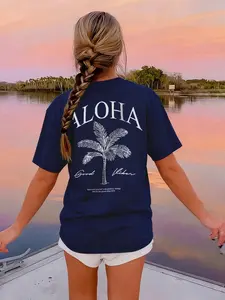 Women's Aloha, Tropical Palm Tree Graphic T-Shirt, Coconut Girl Beachy Vibes Cotton Tee, TikTok Viral Trendy, Oversized Fit, Soft Comfortable Fabric, Coastal Grandma Casual Style, Beach Vacation Outfit, Good Vibes Only, Hawaii Travel Essen