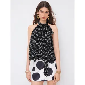 Cider Chiffon Halter Neckline Polka Dot Knotted Oversized  Blouse SwimWeek