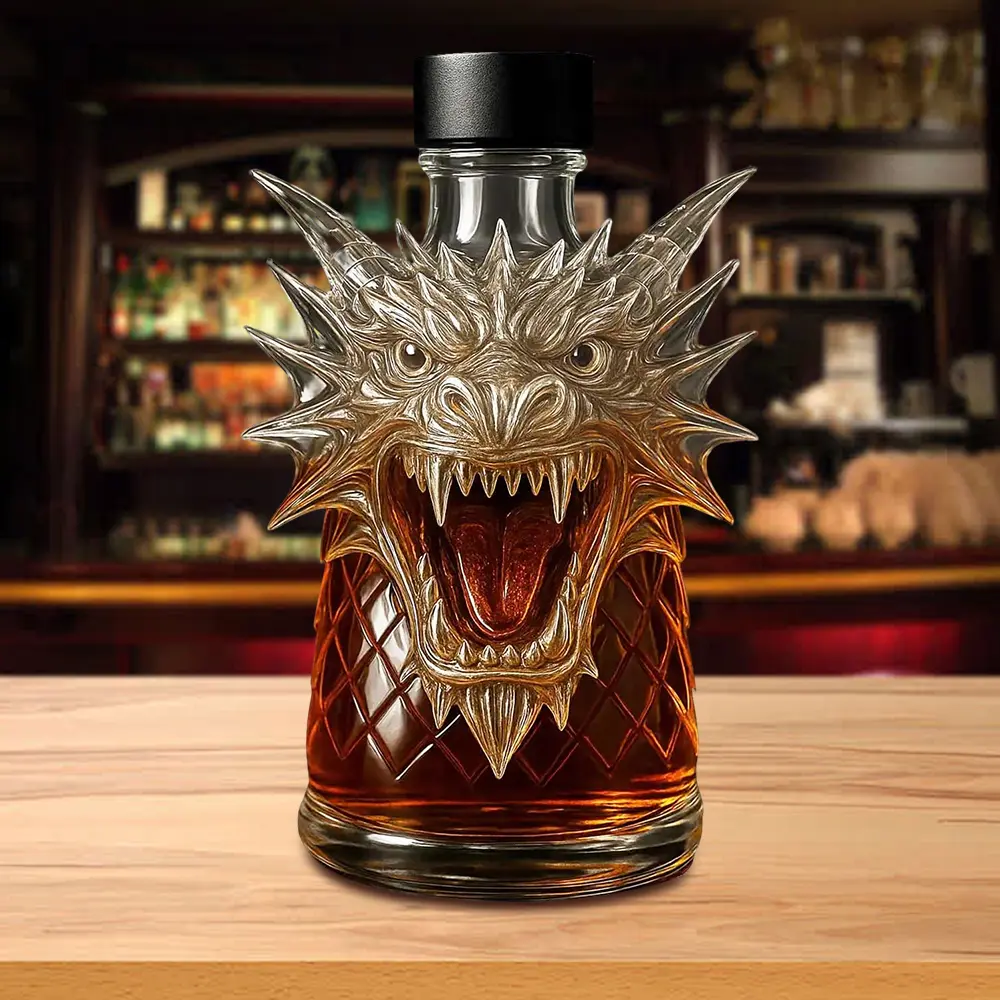 300ml Transparent Dragon Motif Wine Decanter - Hand-Carved High Borosilicate Glass Whiskey Carafe with Leak-Proof Seal, Heat-Resistant Bar Decor, Ideal Gift for Whiskey Lovers Home Bar