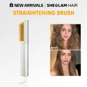 【BOGO SALE】SHEGLAM HAIR Sleek Chic 3D Thermal Straightening Brush,24K Gold Hair Straightener Brush With 12 Million Negative Ionic,24K Glow Straight Hair Comb With 3D Anti-Scald Design & 5 Temp Selection,5Min Quick Straightening- Coachella-mothersdaygift