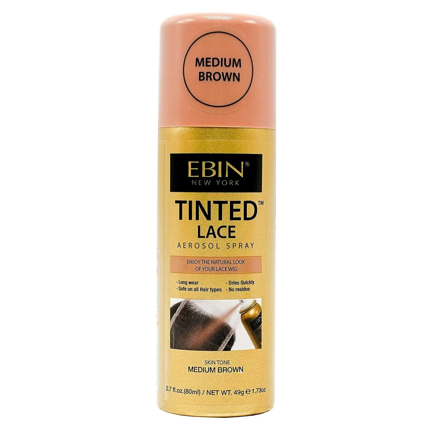 Ebin New York Tinted Lace Aerosol Spray, Quick-Dry Water-Resistant Lace Tint for Wigs, Flawless Skin Tone Match, Medium Brown, 2.7 oz, Brush, Beauty Products