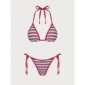 Red Striped Contrast Bikini Set 2026 New Arrival  Piece Bikini Set Push Up Support High Waist High Cut Soft Stretch Quick Dry Anti Fade Women Summer Seaside Pool Beach Vacation Swimming Bathing Suit