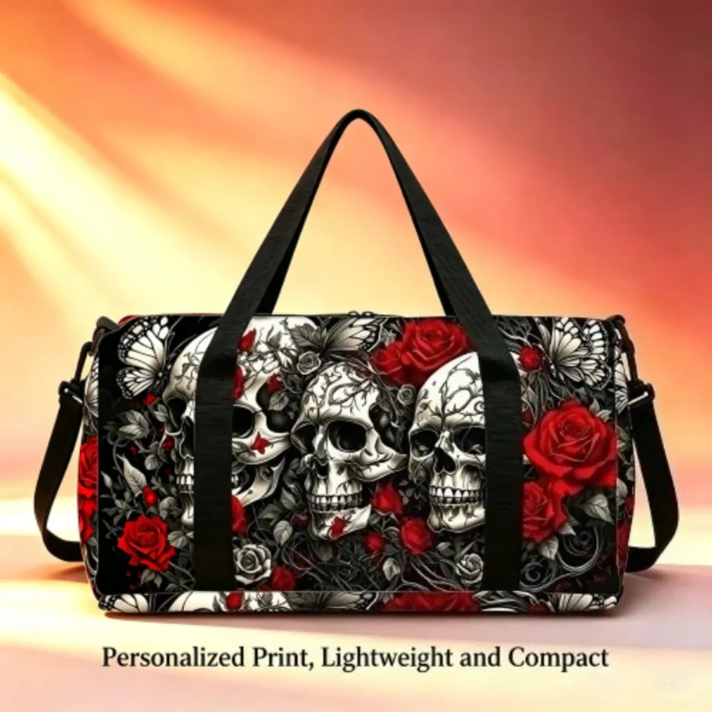 Punk Skull Print Duffel Bag, Unisex Lightweight & Waterproof Durable Fabric Travel Bags for Gym, Sport, and Short Trips, Zip Closure, Punk Look, Waterproof Cloth