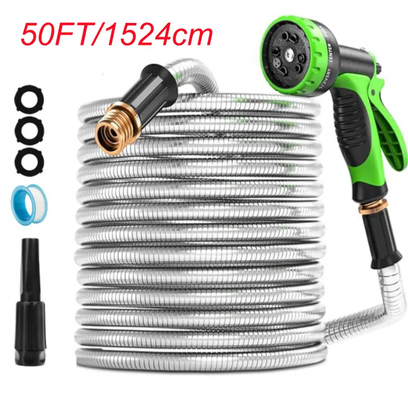 50 FT Garden Hose, Stainless Steel Water Hose with 10 Function Nozzle Flexible, Heavy Duty, Lightweight, No-Kink, Pet Proof, Puncture Proof Hose Metal for Yard, Outdoor