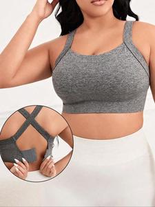 【plus size】 solid criss cross hook and eye sports bra, breathable comfortable high stretch sports bra for yoga gym workout, sports bra for women, women's sport & outdoor clothing for all seasons, workout bras, yoga wear fitness, yoga activewear