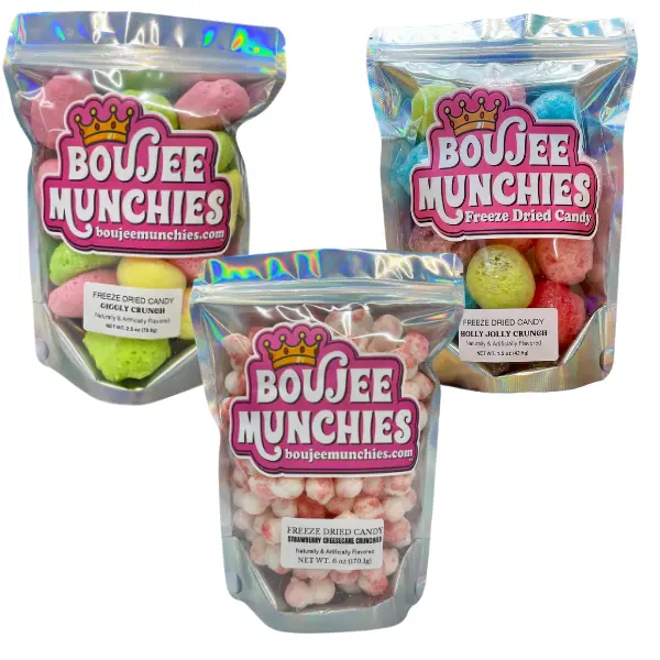 Boujee Munchies Freeze Dried Candy Bundle Giggly Crunch, Holly Jolly, Srawberry Cheesecake