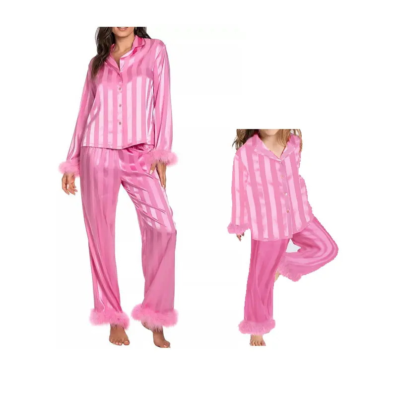Women Valentine's Day Pajamas Set Heart Print Silk Satin Pjs Feather Trim Long Sleeve Shirt Pants Lounge Set