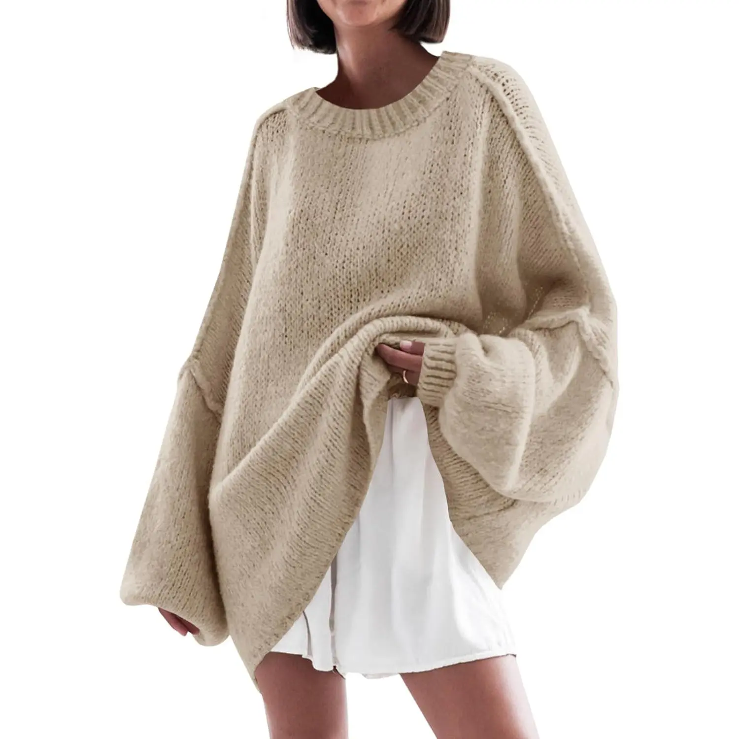 Saodimallsu Womens Oversized Tunic Sweater, Casual Crew Neck Long Lantern Sleeve Chunky Knit Pullover Top, Basic, Knitting, Long Sleeve, Lady, Minimalist, Knitwear, Round Neck, Basics