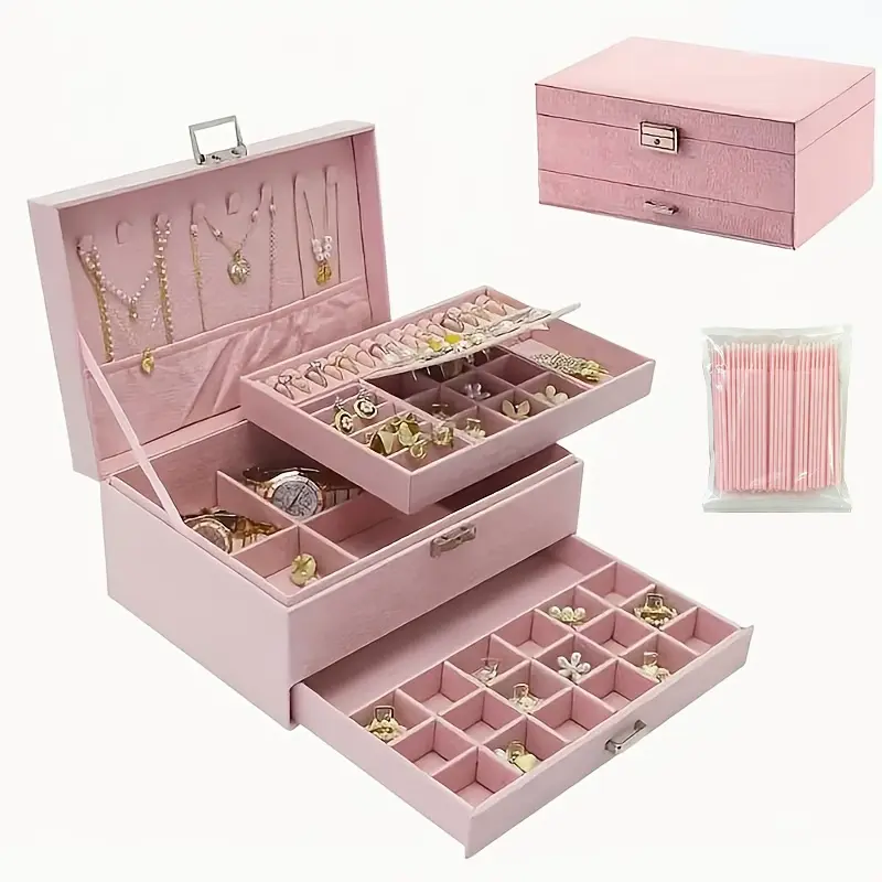 3-Layer Velvet Jewelry Organizer Box - Rectangular Desktop Size, Multi-Compartment Storage Case with Drawers+Hooks, Gift Boxed for Women's Birthday Mother's Day Gifting