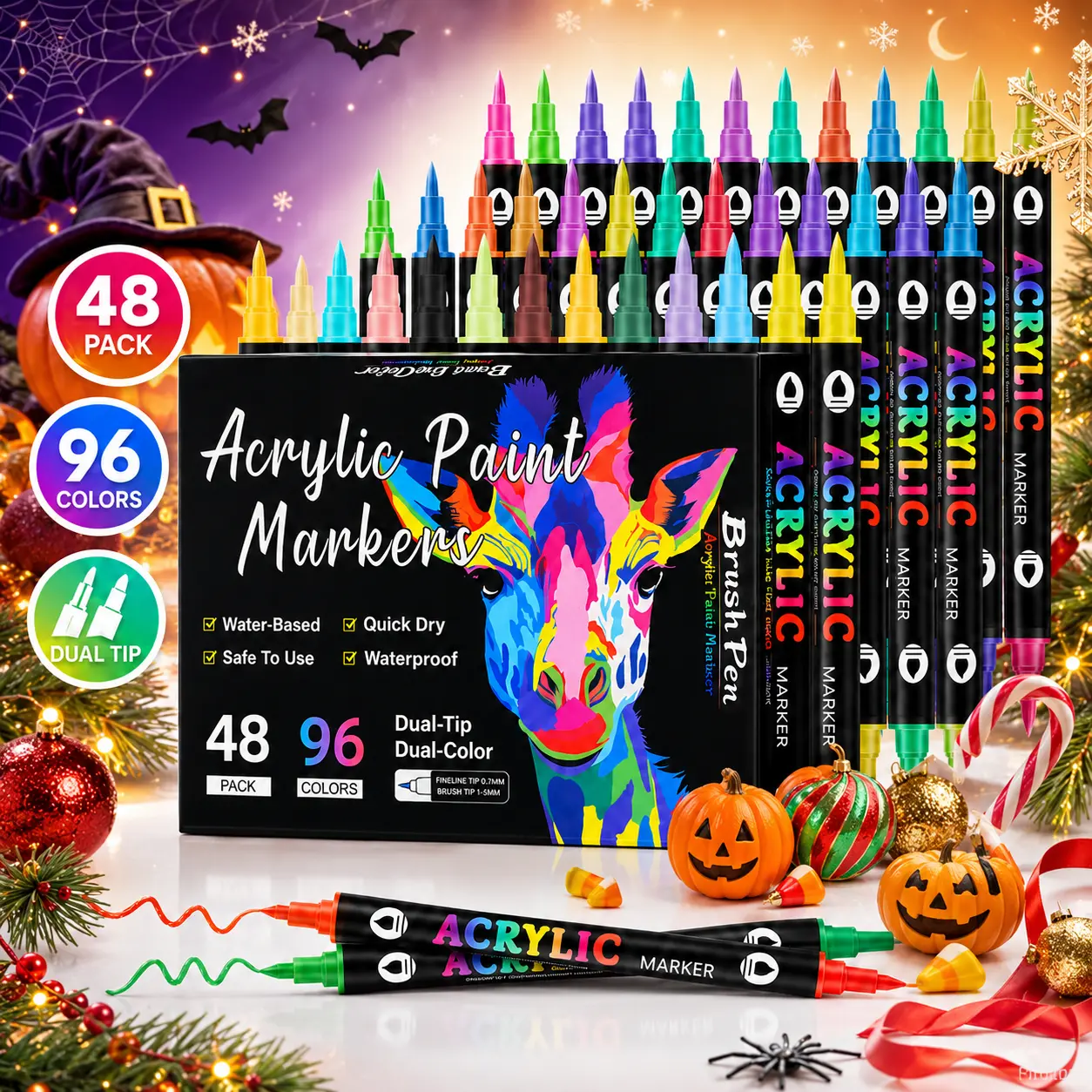 【Back to School】Dual Tip Acrylic Paint Markers, Fine & Brush Tip Pens and Markers, Acrylic Paint Pens for Wood, Stone, Canvas, Glass, Fabric, Egg, Rock Painting and DIY Crafts Art Supplies, Pumpkin Painting, Halloween Decoration, Christmas gifts