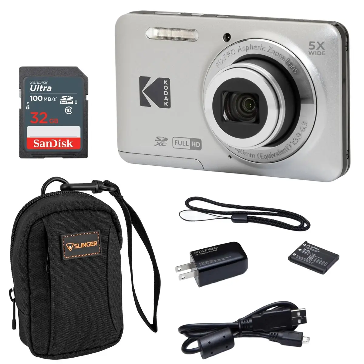 Kodak PIXPRO FZ55 Friendly Zoom Compact Rechargeable High-Definition Photo Camera - Silver, With SD Card & Camera Bag