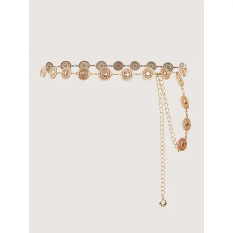 BloomChic Women's Sexy Layered Links Alloy Metal Waist Chain Belt - Gold Sun Charm Fashion Accessory with Adjustable Chain Extender for Extended Length, Engravings, Shape-Retaining Design for Bold Wear