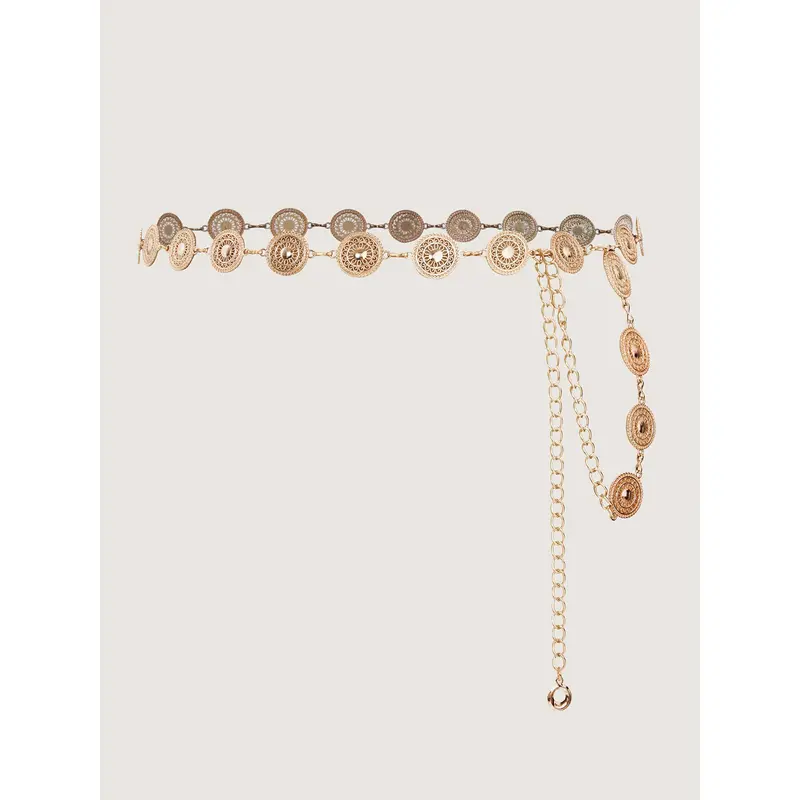 BloomChic Women's Sexy Layered Links Alloy Metal Waist Chain Belt - Gold Sun Charm Fashion Accessory with Adjustable Chain Extender for Extended Length, Engravings, Shape-Retaining Design for Bold Wear