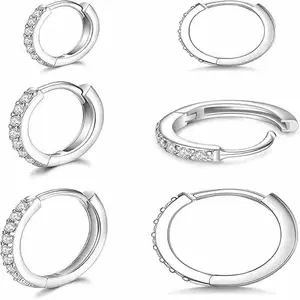 Hypoallergenic Mini Hoop Earrings Cubic Zirconia Stud Hoop Earrings 3-Pair Set Platinum-Plated Cartilage Piercing Earrings Clip-On 8mm 10mm 12mm Unisex