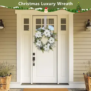 24" Artificial Wreath, White Poinsettias, Shatterproof Silver Balls, Holiday Decor for Door Wall Outdoor