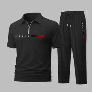 Men's PARIS Letter Print with Red and Black Stripe Waffle-Knit Polo Shirt Set, Short-Sleeve Zip-Up Collar Top with Matching Athletic Trousers, Casual Sportswear Outfit