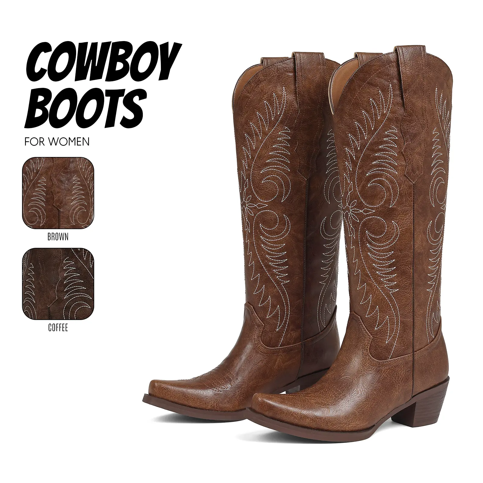 Cowboy Boots For Women Embroidered Knee High Boot Pointed Toe Chunky Block Heel Easy Pull on Gifts Party Dressy Work Casual Wear Festival Country Wedding Fashion Spring Summer Western Retro Classic  Long Tall Cowgirl Shoes