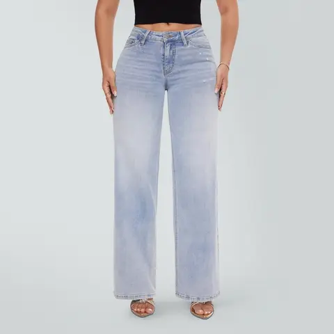 Magic ONESO Mid-low Rise Baggy Jeans Stretchy Wide Leg for Women Distressed Pants Light Blue/Dark Blue/Leopard Print/PinkieBow Womenswear Bottom 8001 Lady Basic Minimalist Comfortable Denim Tummy Control Curve Hugging Plus Size Regular Size BBL