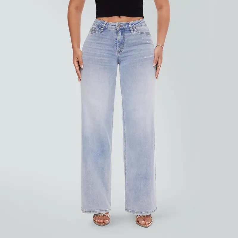 Magic ONESO Mid-low Rise Baggy Jeans Stretchy Wide Leg for Women Distressed Pants Light Blue/Dark Blue/Leopard Print/PinkieBow Womenswear Bottom 8001 Lady Basic Minimalist Comfortable Denim Tummy Control Curve Hugging Plus Size Regular Size BBL