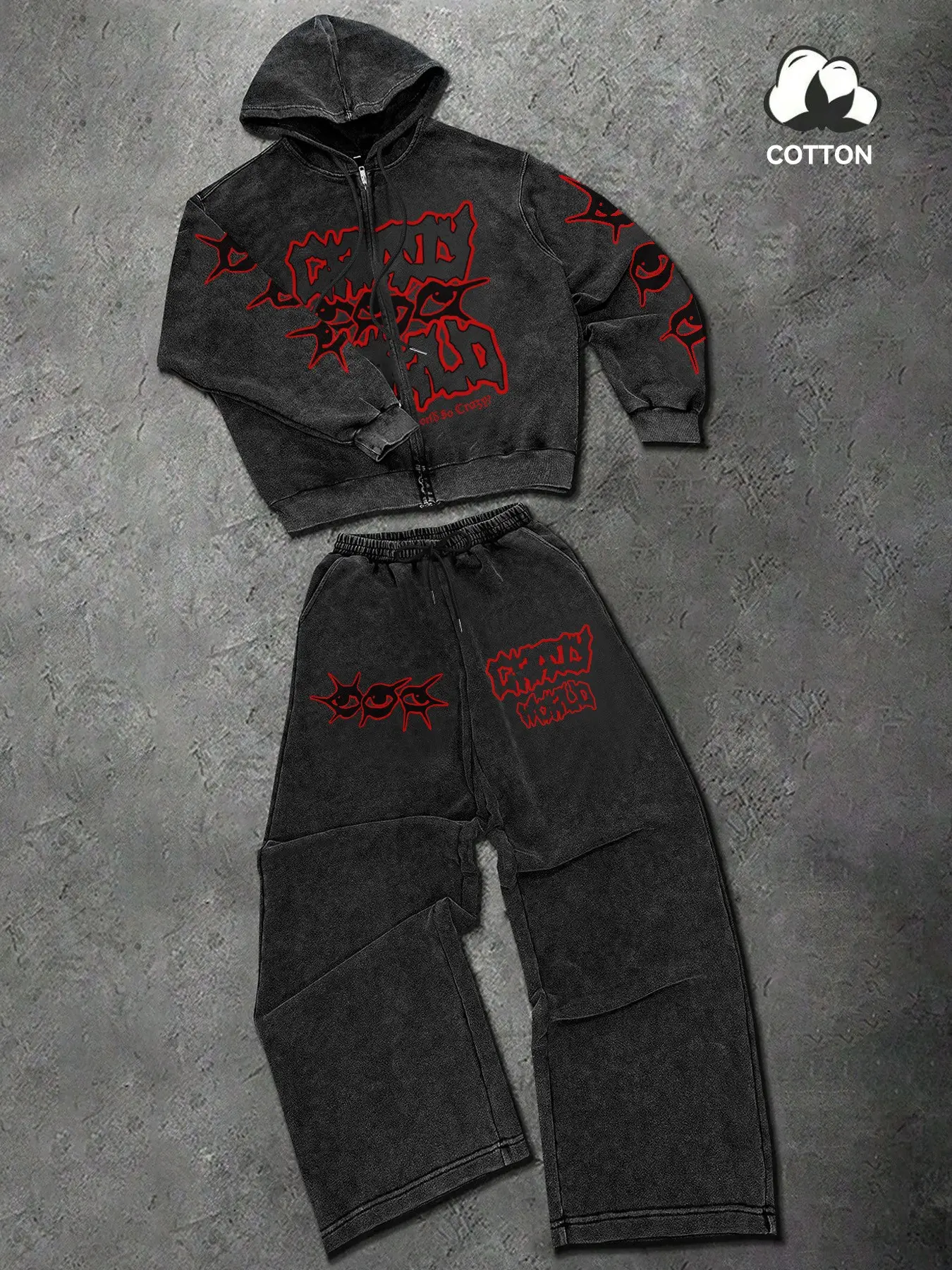 Aesthetic Grunge Red Graffiti Print Oversized Tracksuit | Cyber Y2K Streetwear Full Zip Hoodie Set | Mineral Washed Skater Style Baggy Two-Piece Set Sportswear All Seasons Casual Tracksuit Set Sets Tracksuits
