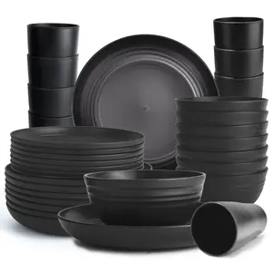 Wheat Straw Cutlery Set, 32 Unbreakable Dinner Plates Microwave Safe Reusable Cutlery, Black Set of 16 Plates, 8 Bowls, 8 Cups. Disposable Lightweight