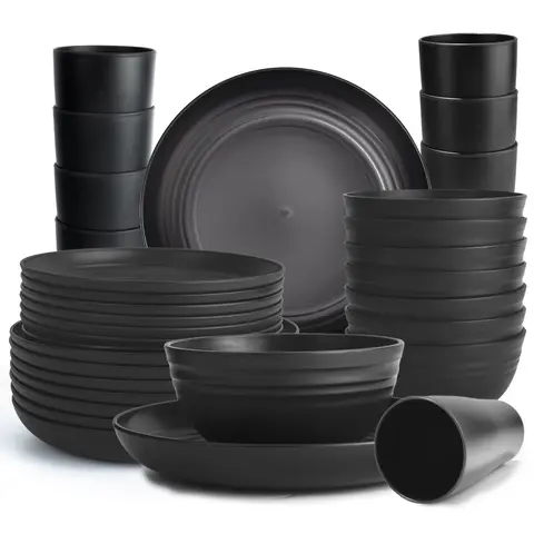 Sebastian CADIA Eco Natural Wheat Straw 32-Piece Adult Tableware & Cutlery Set with Bowls - Reusable, Sleek Design, Shatterproof, Microwave-Safe, Dishwasher-Safe, Lightweight, Easy Transport, Outdoor, Everyday Kitchen Supplies