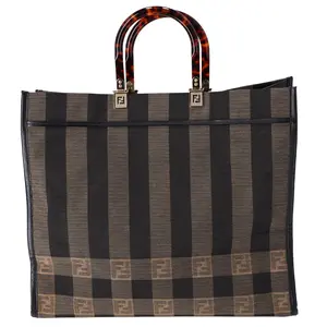 Pre-owned FENDI Jacquard Tote Bags Sunshine Shopper Tote Brown Striped 8BH372 Leather FF Striped