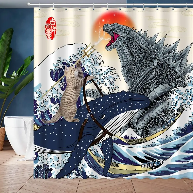 Cat Riding Whale Vs Dinosaur Monster Printed Shower Curtain Set, Funny Shower Curtains For Bathroom, Funny Japanese Anime Sun Ocean Waves Kids Home Bathroom Restroom Decor Waterproof Fabric Bath Curtain with 12 Hooks