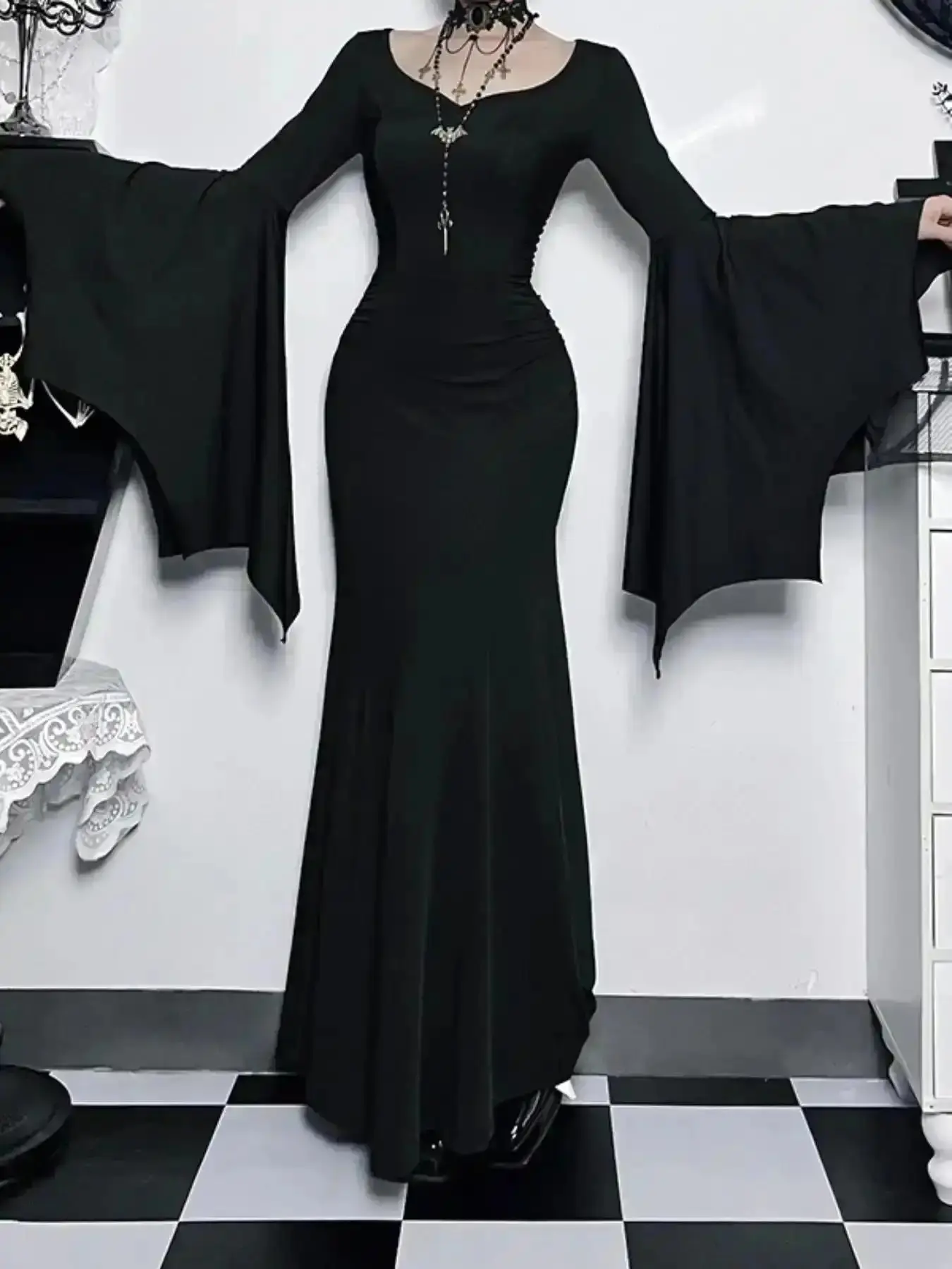 2026 Women's Plain Ruched Mermaid Dress, Elegant Sweetheart Neck Long Sleeve Evening Party Gown, Ladies Fall & Winter Clothes