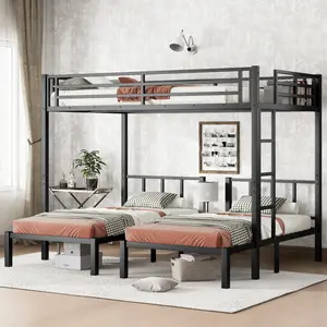 Triple Bunk Bed Twin over Twin & Queen Bunk Bed, Heavy-Duty Metal Triple Bunk Bed with Safety Guardrails,Space-Saving/Noise Free,Black