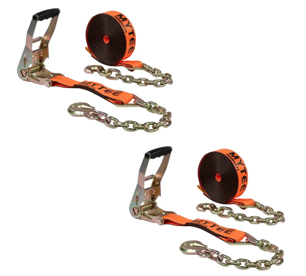 2 Pack 2"x30' Orange Ratchet Strap with Chain Anchor - 4000 Lbs WLL High Abrasion Heavy Duty Tie Down Cargo Truck Straps with Chan Anchor for Flatbed, Truck, Trailers, Pickup