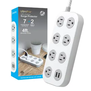 GE-branded UltraPro 7-Outlet Surge Protector, 2 USB-A, 1470 Joules, 4ft., White/Gray