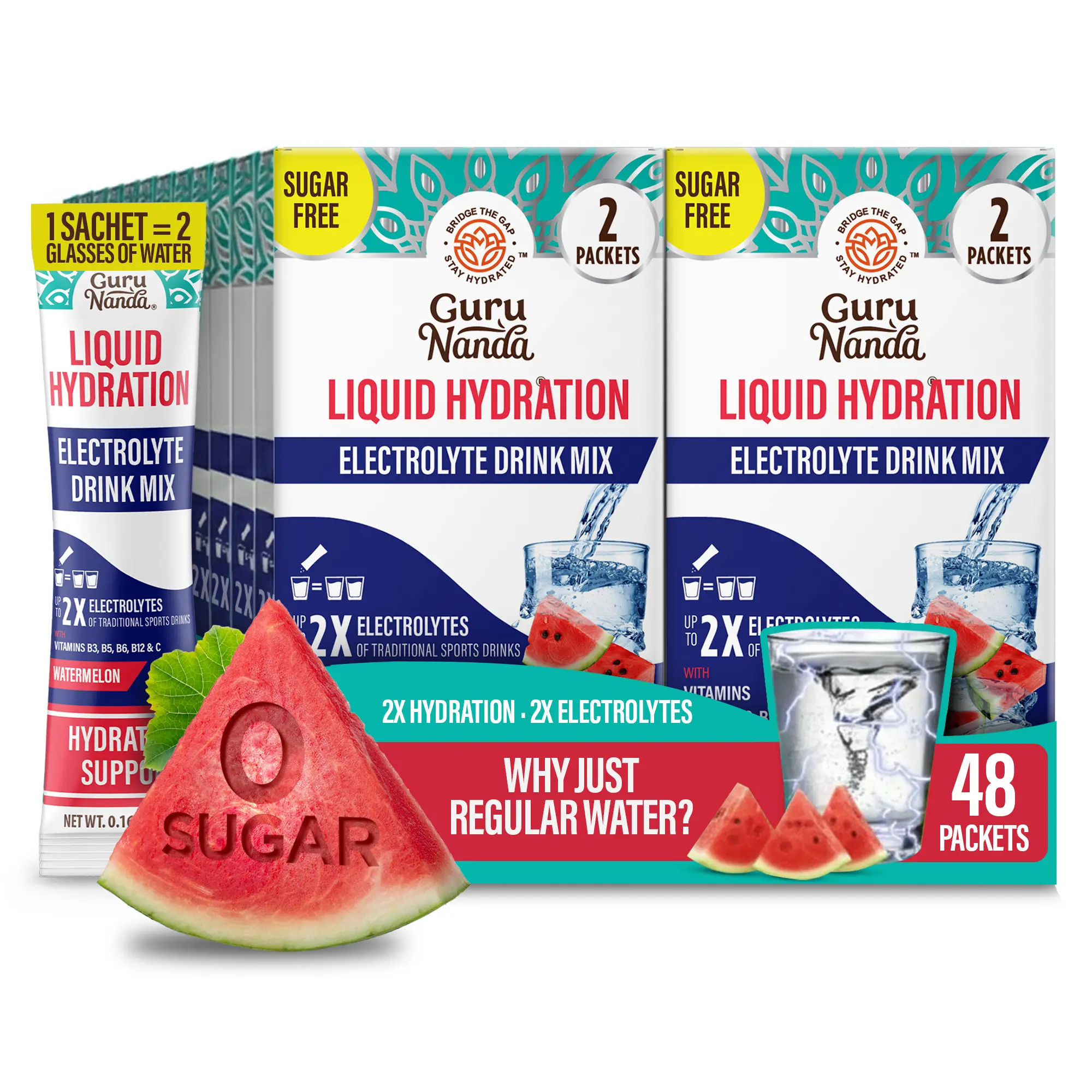 GuruNanda Hydramate Hydration Electrolyte Drink Mix, Watermelon - Sugar-Free - 48 Count