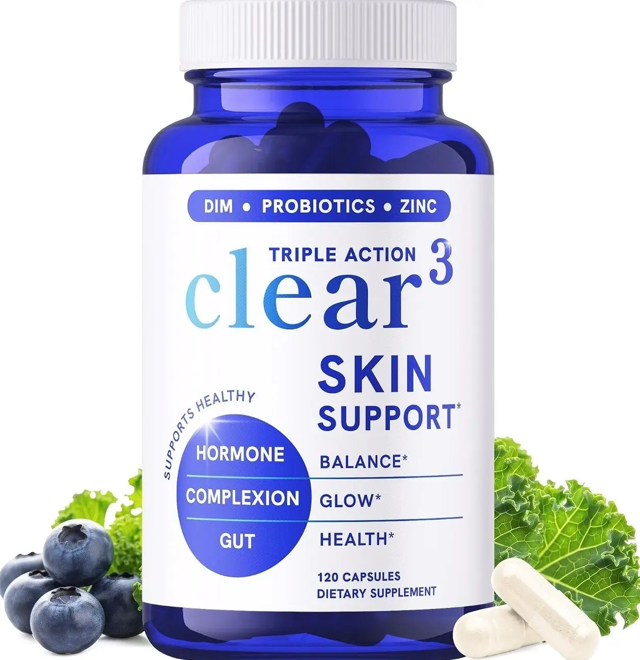 Clear Skin Supplement with Zinc, DIM & Probiotics | 3-in-1 Hormone, Gut & Complexion Support | Triple Action Hyaluronic Acid, Niaciminide & Vitamins for Skin Balance, Glow & Health Support | 120 Ct