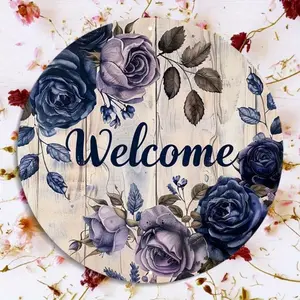 Tin Welcome Sign Wall Decor Round 8x8 Inch Rustic Aluminum Floral Wreath with Navy Blue Roses Weather Resistant HD Print for Home Indoor Outdoor