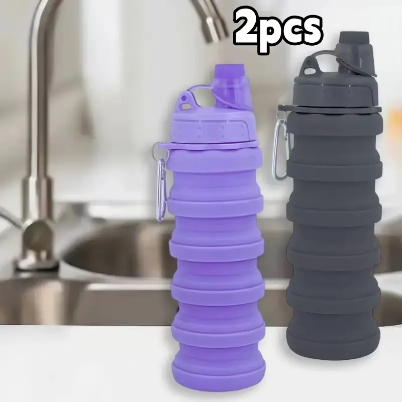 Sleek Collapsible Water Bottles 2-Pack, 500ml Food Grade Silicone, BPA-Free & Leak-Proof for Travel and Sports with Carabiner