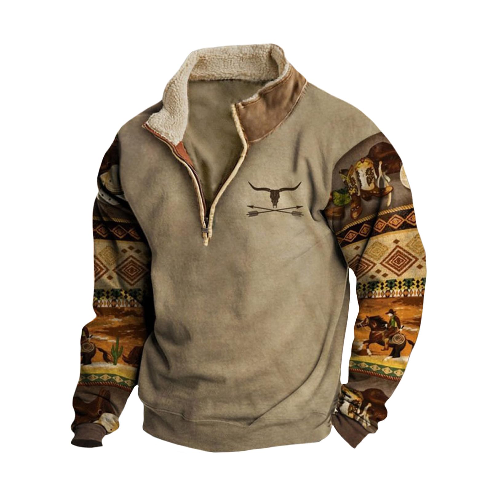 Retro Bull Head Half Zip Sweatshirt with Unique Design - Show your personality with this stylish retro style pullover,S,brown