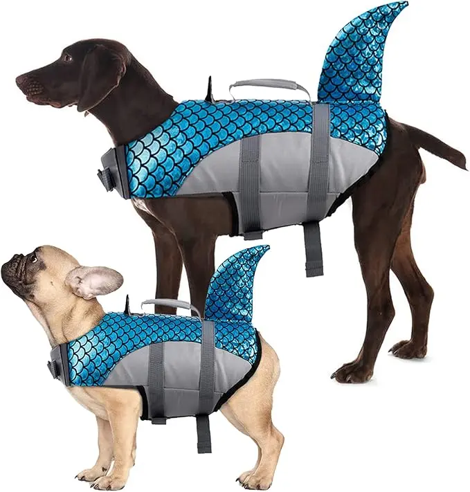 kuoser Dog Life Jacket, High Flotation Dog Life Vest for Swimming, Boating and Water Safety, Shark Puppy Swimsuit Ripstop Pet Lifesavers with Durable Lift Handle, Pink Shark   Blue Shark