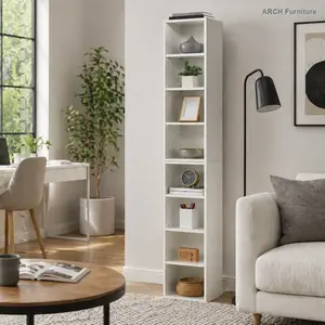 8-Tier MDF Laminate Arch Media Tower Rack, Tall Narrow Durable Office Storage Cabinet with Adjustable Shelves, Sturdy Iron Bars, 11.6"l*9.3"w*70.9"h, 35.2 lbs, Easy to Clean Home Office Furniture (Includes Hardware)