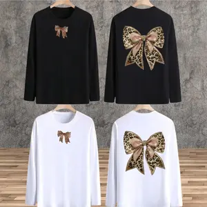 2pcs Womens Leopard Glitter Bow Graphic Long SleeveTees Casual Shirts for Women Print Crew Neck Casual Tee Tops
