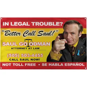- Better Call Saul!Billboard Image Breaking Bad Saul Goodman Motivational Inspirational Office Gym Dorm Wall Decor Design on a 3X5 Feet Flag with 4 Grommets for Easy Hanging.Authentic BANGER FLAG. Home Textile Decorative