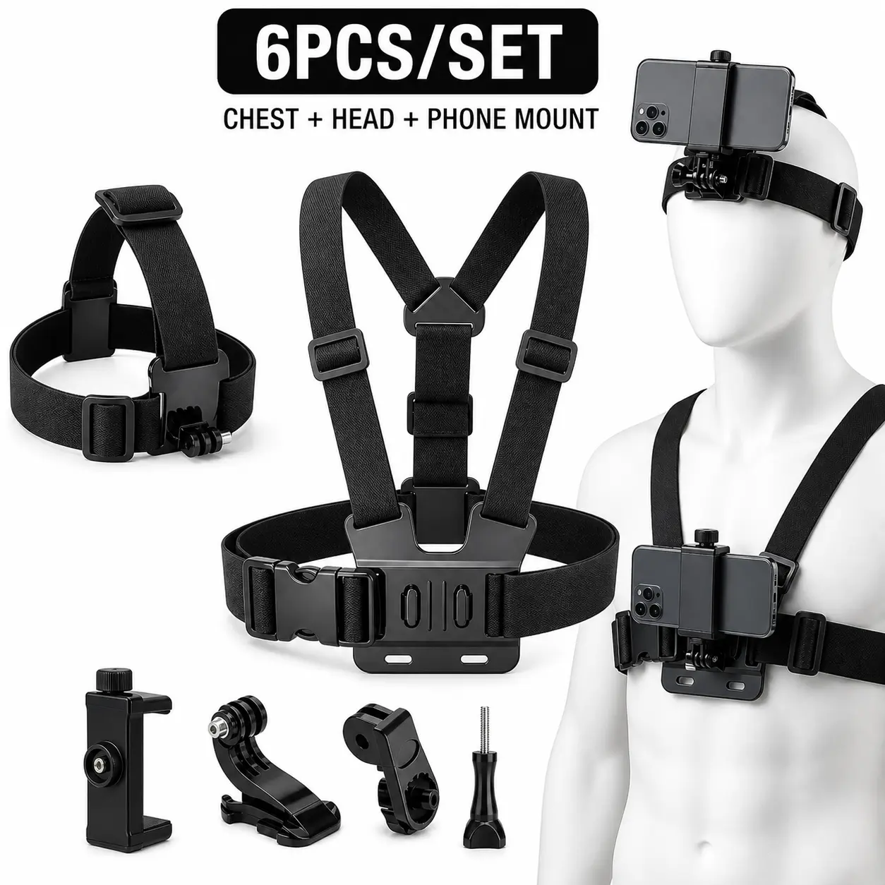 6Pcs Plastic Action Camera Mount Set – Universal Chest, Head POV Mounts for GoPro, DJI Osmo, Smartphones – Adjustable Hands-Free Accessories for Cycling, Hiking